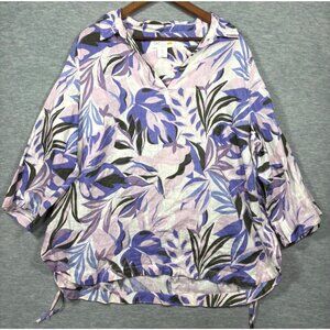 C&C California Top Womens 1X 100% Linen Floral Print Tunic Tropical Beachy